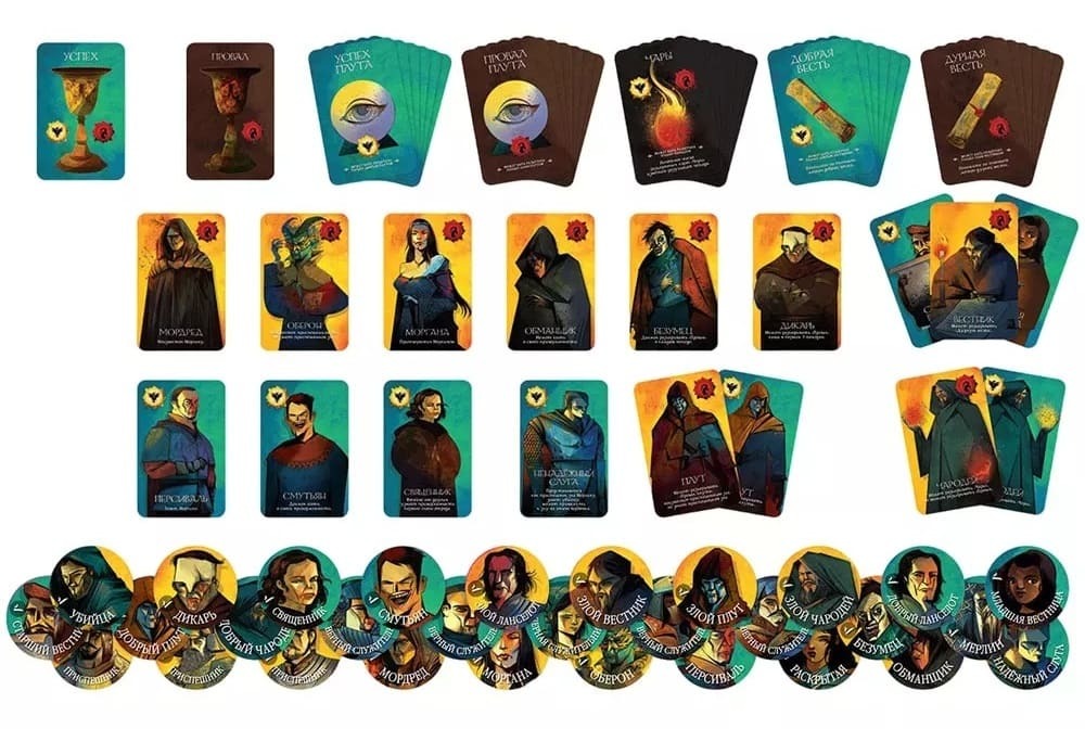 Добрые персонажи нарисованы на голубом фоне и отмечены знаком с орлом, а злые — на желтом фоне со знаком дракона